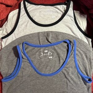 Poof! Black and Blue Trim Tank Tops size large
